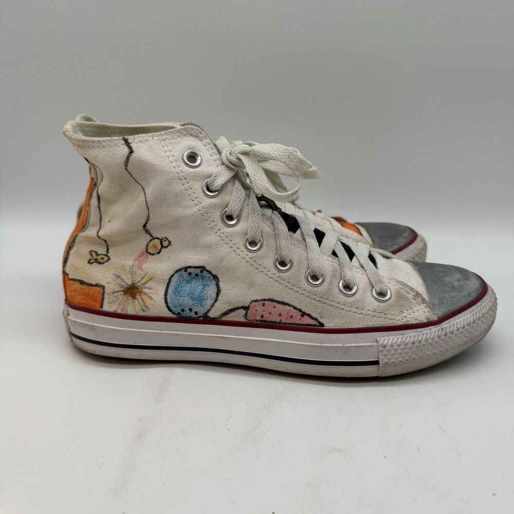 Converse All Star Hi Optical White Canvas Shoes M7650 Women's 9 Hand Painted Cat - Picture 2 of 12